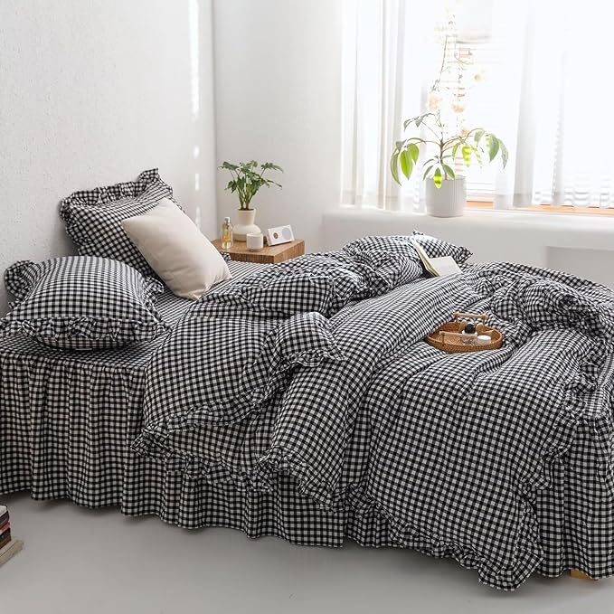 mixinni Black White Gingham Ruffle Duvet Cover Twin XL Size 3 Pieces – 100% Washed Cotton, Vintage Plaid Ruffled Bedding Set with Zipper Ties, Soft Checkered Grid Farmhouse Chic Comforter Cover Set