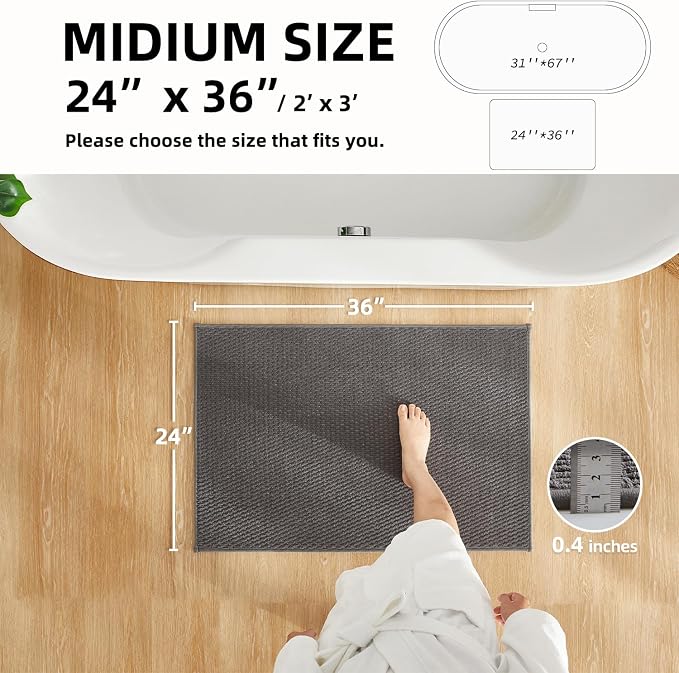 TYUU Bathroom Rugs Non Slip Washable, Super Absorbent Thin Bath Mat Quick Dry Low Pile Bathroom Rug, Dark Grey 24"x36"