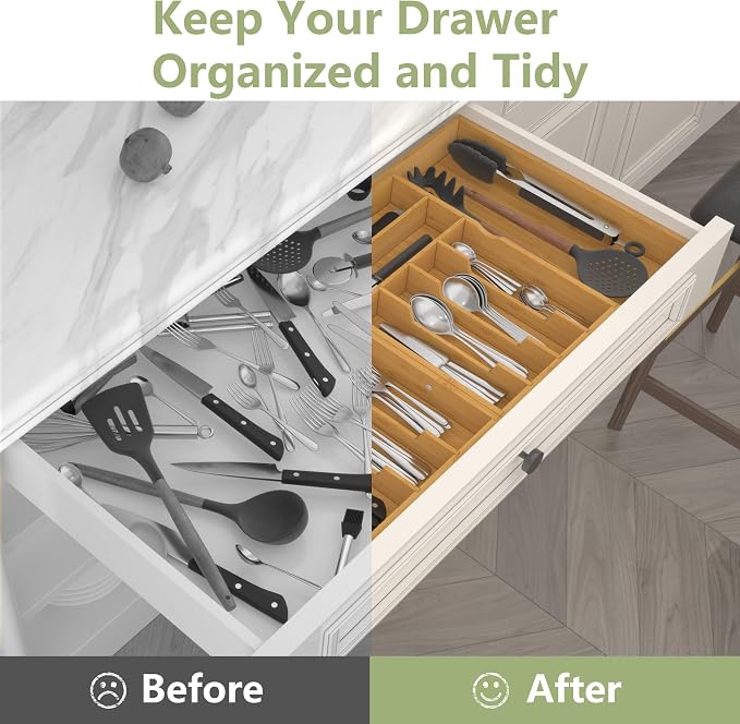 Suli Large Silverware Drawer Organizer, Adjustable Kitchen Flatware for Forks Knives and Spoons, Bamboo Cutlery Utensil Holder, Expandable from 22in-37in, Natural Bamboo