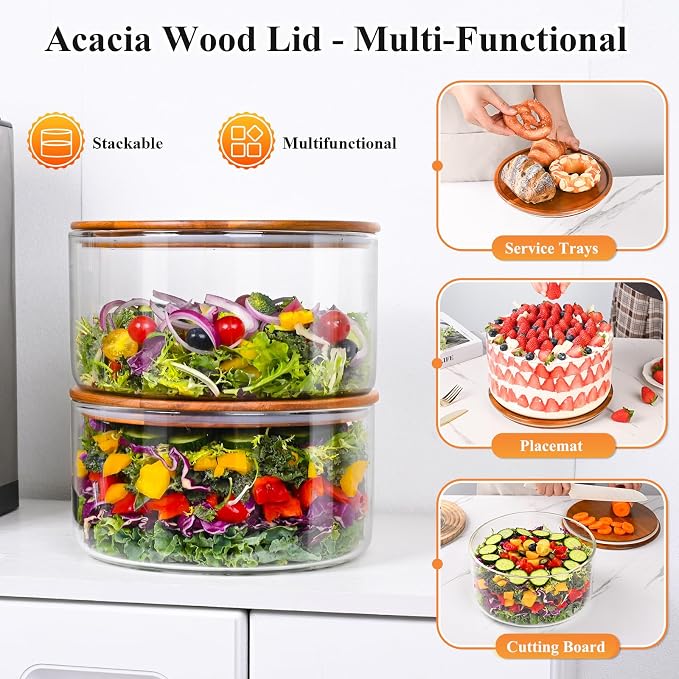 LOVYANXUE 197 oz Large Glass Salad Bowl with Acacia Wood Lid - Glass Trifle Bowl, Versatile Serving Bowls for Cake, Salad, Fruit, Baking, Dessert, Meal Prep, Storing, Microwave & Oven Safe, BPA Free