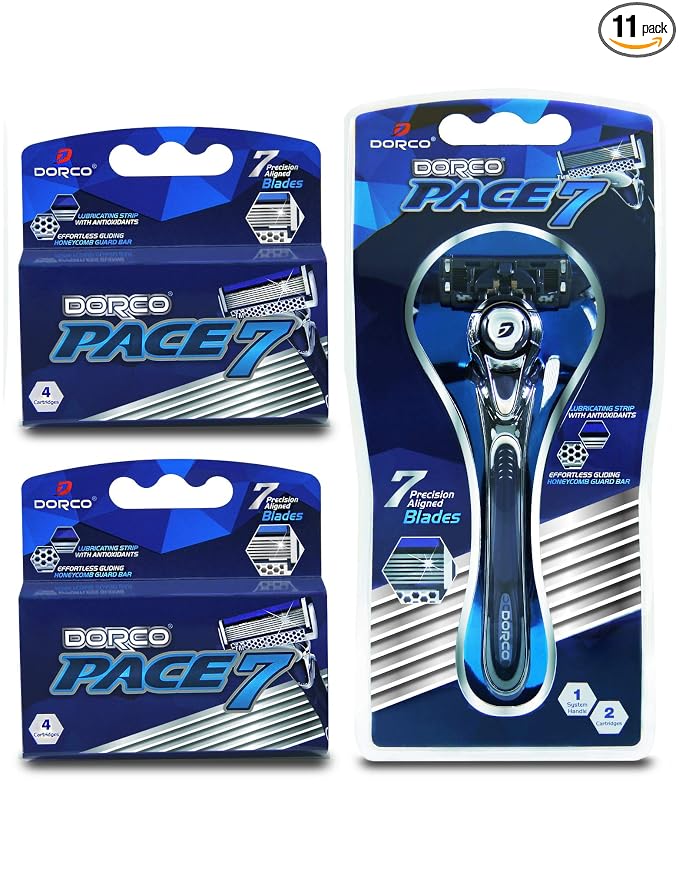 Dorco Pace 7 - Shaving Razor System for Men with Seven Curved Blades - Value Pack (10 Cartridges + 1 Handle)
