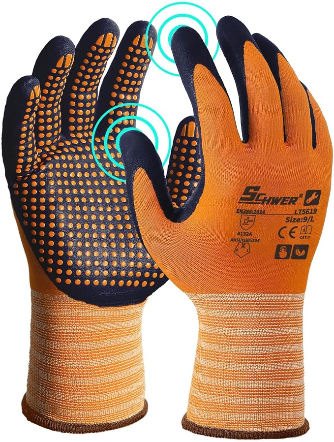 Schwer 240 Pairs Safety Work Gloves, MicroDot Abrasion & Grip, LT5619, XL | Certified to Level 6 Abrasion, Strong Grip, Microfoam Nitrile Coated, Touchscreen, 3D-Comfort, A1 Cut Resistant, Gardening