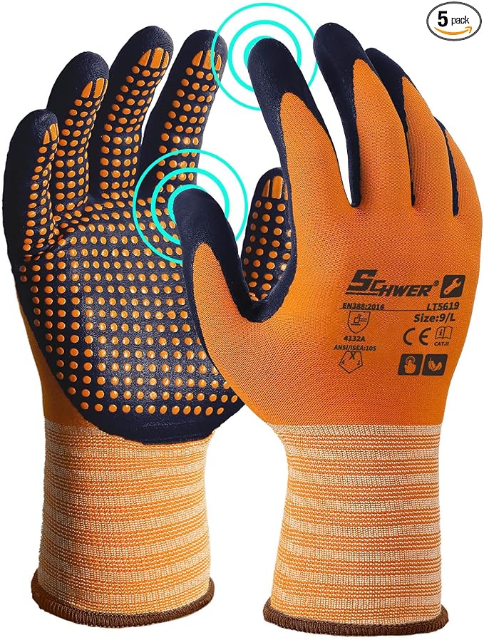 Schwer 120 Pairs Safety Work Gloves, MicroDot Abrasion & Grip, LT5619, M | Certified to Level 6 Abrasion, Strong Grip, Microfoam Nitrile Coated, Touchscreen, 3D-Comfort, A1 Cut Resistant, Gardening