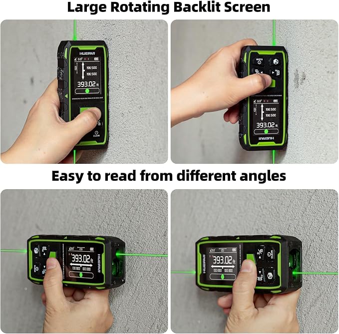 Huepar Dual Laser Measuring Tool, 656Ft Green-Beam Bilateral Digital Laser Distance Measure 6 Units Ft/in/M, Rechargeable Laser Measurement Tool -Backlit LCD Display, Length/Area/Volume/Angle Sensor