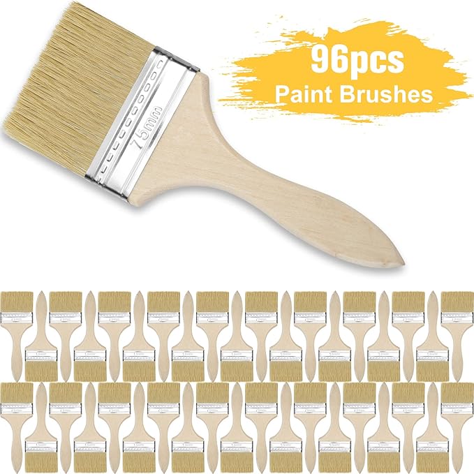 Remerry 96 Pcs 3 Inch Paint Brushes Bulk, Natural Bristle Chip Brushes with Wooden Handle, Flat Art Applicators for Wall, Furniture, Kids, Fences Details