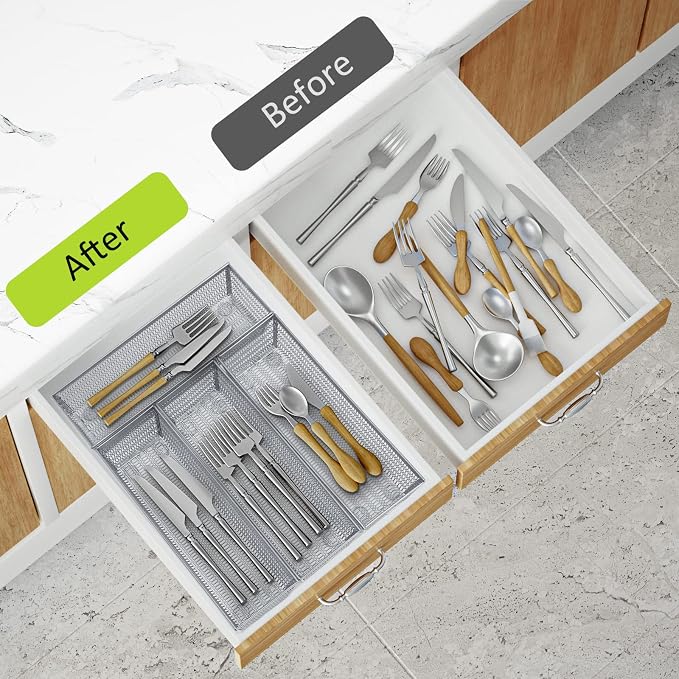 Neudeco Silverware Organizer, Silver, 9 * 3 * 2 inch, Pack 6 | Mesh Drawer Organizer, Metal Utensil Organizer, For Flatware, Knives, Spoons, Cosmetic