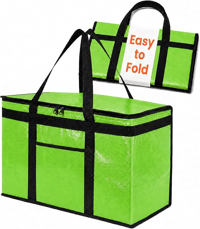 PRO Large Insulated Food Delivery Bag (2XL, Green, 1 Pack) | Thermal bag, For cold & hot food, Water-resistant, Portable cooler, Soft sided catering tote, Grocery bag with zippered top