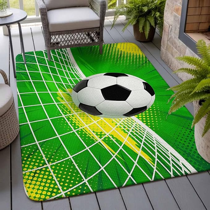 Green Football Washable Area Rugs for Living Room Bedroom, Large Non Slip Indoor Floor Carpet Absorbent Low Pile Soccer Ball Goal Net Vibrant Door Mat Rugs for Bathroom Entryway 63"x78.7"