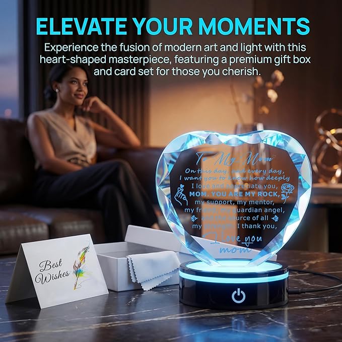 Gifts for Mom,Heart Crystal Keepsake Plaque with LED Base, Mother's Day, Birthday, Christmas, Thanksgiving, Engraved Mother Quote