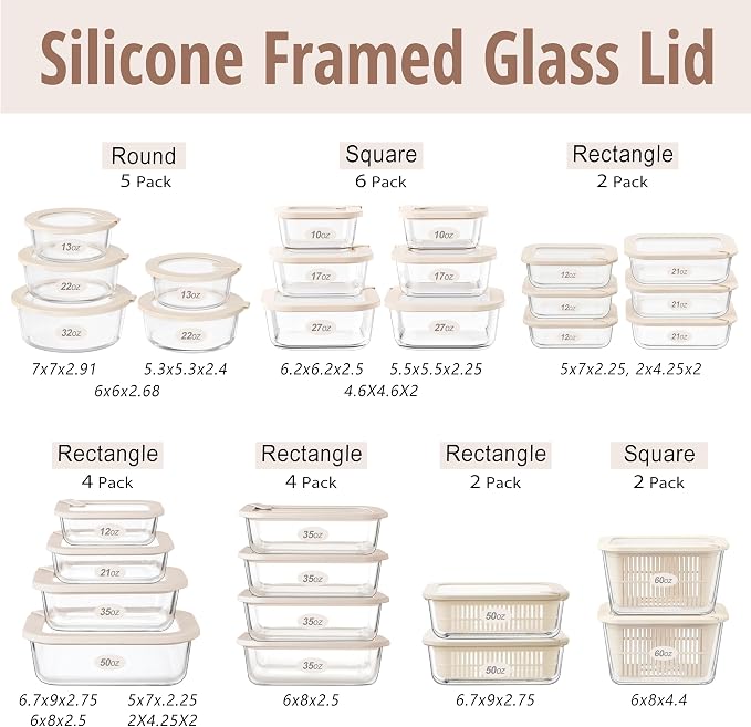 Glass Food Storage Containers with Glass Lids, Microwave Safe Food Container Set, Aitight Meal Prep Container Set, LeakProof, 100% Plastic Free, 5 Pack
