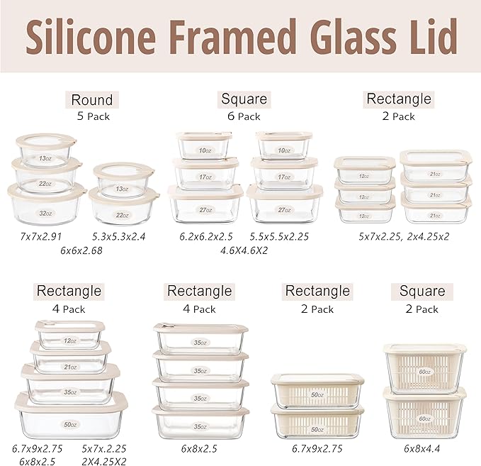 Glass Food Storage Containers with Glass Lids, Microwave Safe Food Container Set, Aitight Meal Prep Container Set, LeakProof, 100% Plastic Free, 6 Pack