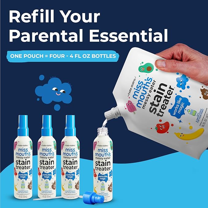 Miss Mouth’s Messy Eater Stain Treater Refill Ready Kit - 2 Pack Stain Remover Spray and 16oz Refill Pouch - Newborn & Baby Essentials - Food, Grease, Coffee Off Laundry, Underwear, Fabric