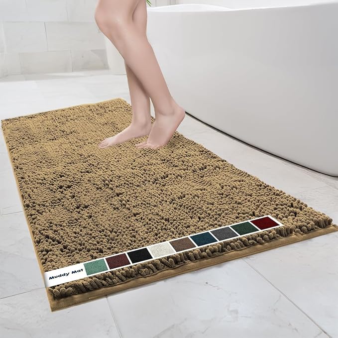 Muddy Mat® | Chenille Bathroom Rugs Quick Dry Microfiber Mats Non Slip Washable, Extra Thick, Soft and Highly Absorbent Bath Mats for Bathroom, Kitchen, and Shower Floor - Beige 36"x60"