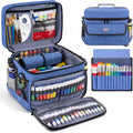 JJRING Versatile Acrylic Paint Organizer Bag With Adjustable Dividers For Multi-Size Bottles, Art Supply Storage Case Features 12-Slot Brush Holder & Clear Zipper Pocket, Travel Craft Tote(Blue)