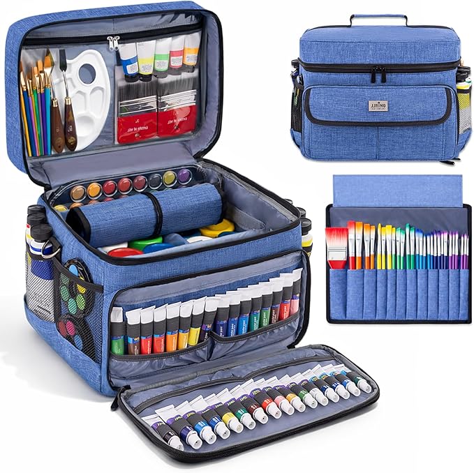 JJRING Versatile Acrylic Paint Organizer Bag With Adjustable Dividers For Multi-Size Bottles, Art Supply Storage Case Features 12-Slot Brush Holder & Clear Zipper Pocket, Travel Craft Tote(Blue)