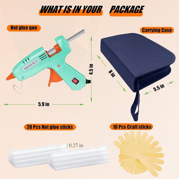 MONVICT Mini Hot Glue Gun Kit with Carrying Case,20 Pcs Premium Glue Stick | 10 Pcs Wood Craft sticks, Fast Preheating Hot Melt Glue Gun for School Crafts DIY Arts Gift (Cyan, 30Watts)