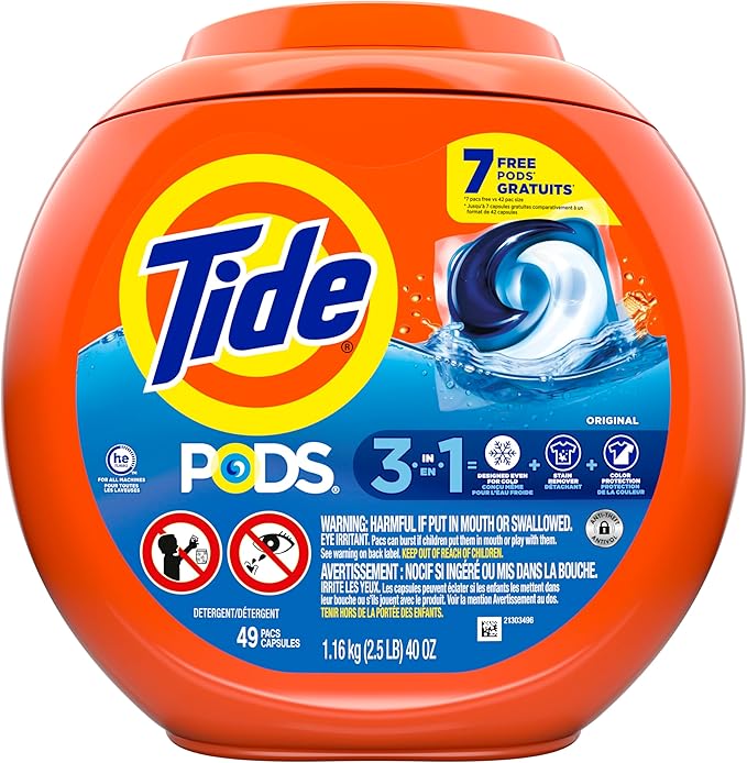 Tide PODS laundry detergent pacs, 3-in-1 Stain Remover, Odor Fighter, Color Protector, 42 Count, HE compatible, Original Scent