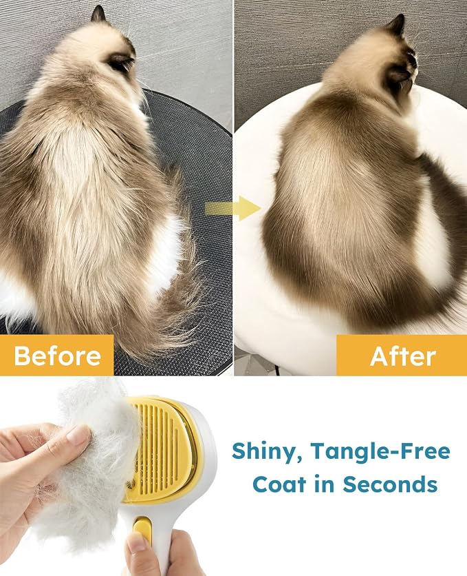 Cat Steam Brush for Cats & Dogs, Pet Steam Brush 3-in-1 with 2 Mist Modes, One-Touch Self Cleaning, Magnetic Safe Charging, Cat Hair Brush for Shedding, Dog Brush for Shedding, Yellow (Short Head)