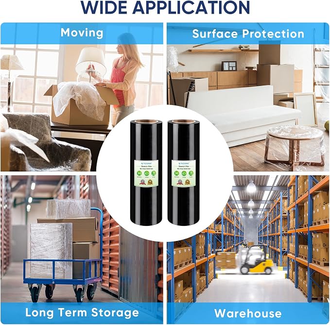 TICONN 2Pk Stretch Wrap Stretch Film Roll, 1000ft Industrial Strength 18 inch Wide Black Plastic Wrap for Pallet Wrapping Shipping Moving (No Handle)