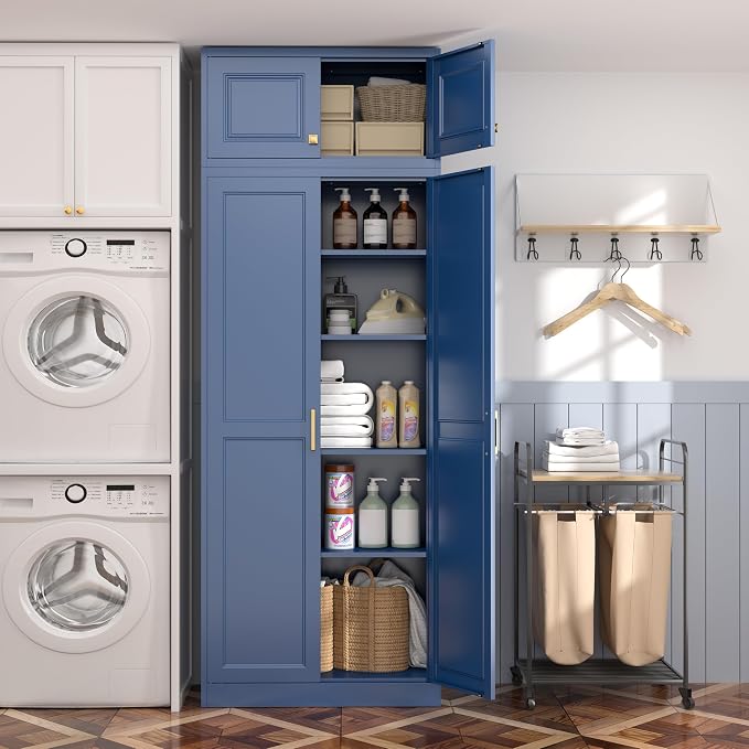 Steeloong 86"Metal Pantry Storage Cabinet with Doors & 4 Adjustable Shelves | Kitchen Pantry Cabinet,Blue Kitchen Cabinet with 4 Gold Handles,Tall Cabinet for Livingroom,Pantry, Bathroom,Kitchen,Garage