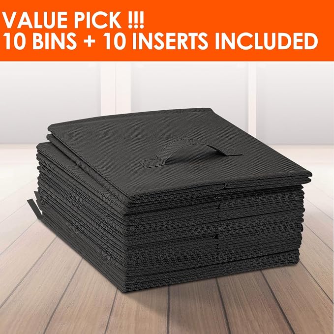 Storage Cubes, 11 Inch Clothes Storage Bins for Shelves Closet (10 Pack), Fabric Collapsible Storage Bins with Dual Handles, Cubby Storage Baskets for Magazines, Dorm Essentials (Black)
