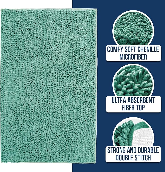 Muddy Mat® | Chenille Bathroom Rugs Quick Dry Microfiber Mats Non Slip Washable, Extra Thick, Soft and Highly Absorbent Bath Mats for Bathroom, Kitchen, and Shower Floor - Seafoam Green 36"x60"