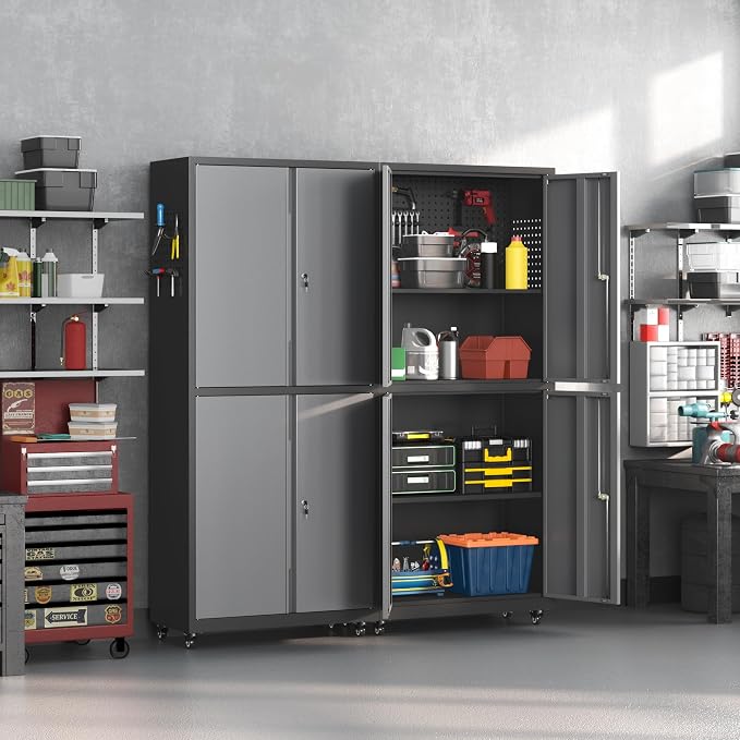 71" H Metal Tool Storage Cabinet with Lock and Wheels, Heavy Duty Garage Cabinet with 4 Doors and 2 Adjustable Shelves, Tool Organizer with Pegboard for Garage, Warehouse (Black&Gray, 71" H)