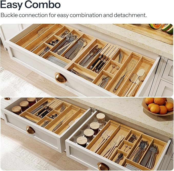 HOOBRO Large Silverware Organizer Kitchen Drawer Organizer, Magnetic Connected Expandable Utensil Organizer From 22 to 35 Inches, Bamboo 16 Slots Cutlery Tray with Knife Holder, Natural YL07TL01