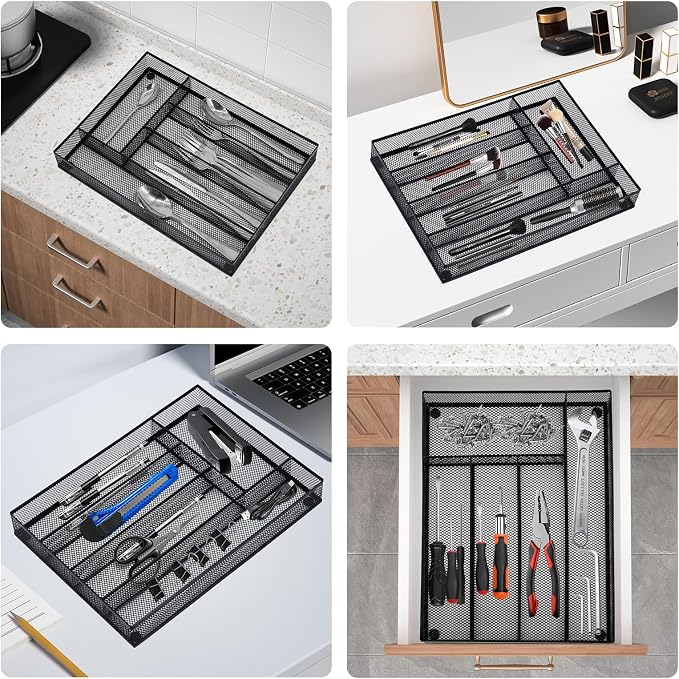 Neudeco Silverware Drawer Organizer, Black | 5 Compartment, Mesh Wire, Non-Slip Feet, Cutlery Tray