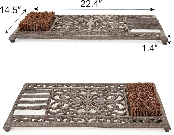 Sungmor Outdoor Cast Iron Doormat, Vintage Boot Scraper with Brushes, Rustic Brown Rectangle Shoe Scraper Mat, 22.8" Heavy Duty Decorative Shoe Cleaning Mat for Front Door, Entrance, Garden