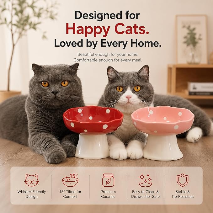 Red Mushroom Cat Bowl, Elevated Ceramic Bowl for Cats | Cute Mushroom, Elevated, Ceramic, Whisker Friendly, Wide Opening, Stable, Easy Clean