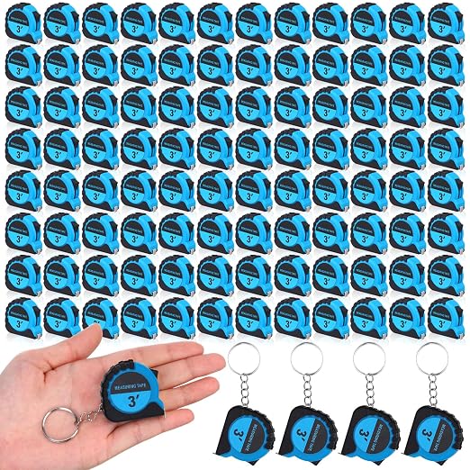 Kanayu 100 Pcs Mini Tape Measure Keychains 3 ft Small Retractable Measuring Tape Bulk with Lock Steel Easy Read Pocket for Birthday Party Favors Daily Use (Blue)
