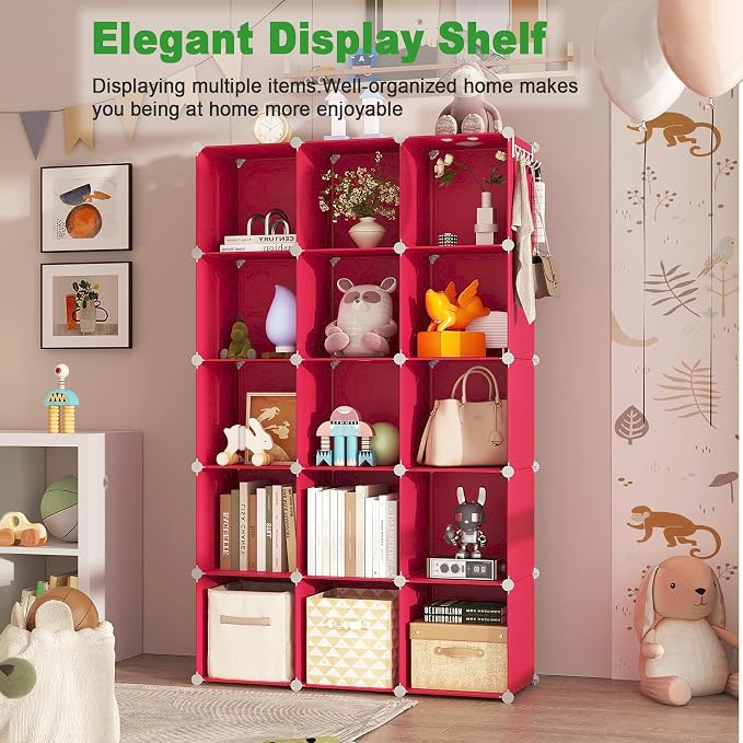 C&AHOME 16 Cube Storage Organizer Cube Shelves Units Storage Cubes, Red | Plastic DIY Closet Organizer, Stackble Modular Closet Storage Shelves Ideal for Home, Bedroom, 48.4" L × 12.4" W × 48.4" H