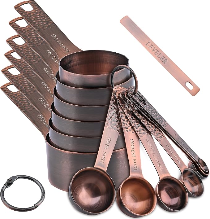 Copper Measuring Cups and Spoons Set 14, Stainless Steel Measuring Cups and Spoons set, Metal 6 Measure Cup and 7 Measure Spoon with 1 Leveler for Kitchen & Baking