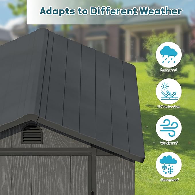 Greesum 4x6FT Plastic Storage Shed with Floor, Resin Outdoor Storaged Sheds with Lockable Door, All Weather Tool Shed with Window and Vent, Easy Assembly for Garden, Patio, Yard, Dark Gray