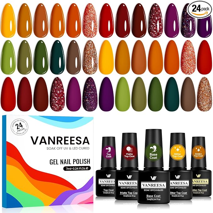VANREESA 24 Pcs Fall Gel Nail Polish Set -Fall Colors Gel Polish with Base Coat & 4 Effects of Top Coat Orange Yellow Red Green Purple Brown Gel Polish Set Nail Kit Gifts for Women Girls DIY at Home