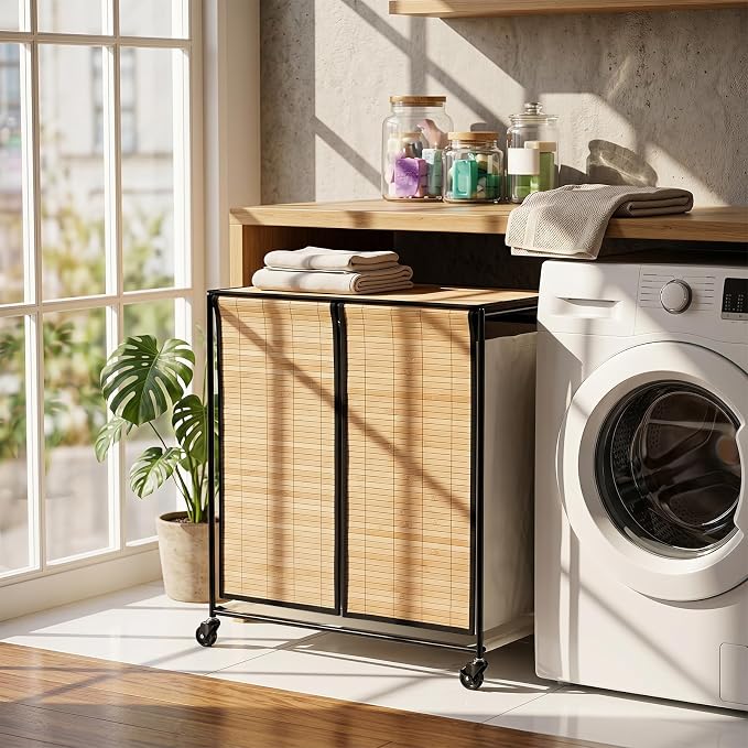 GOFLAME Bamboo Laundry hamper with Lid, 2-Section Rolling Laundry Basket with Removable Liners and Wheels, 70L Large Clothes Laundry Hamper for Bedroom, Bathroom, Laundry Room