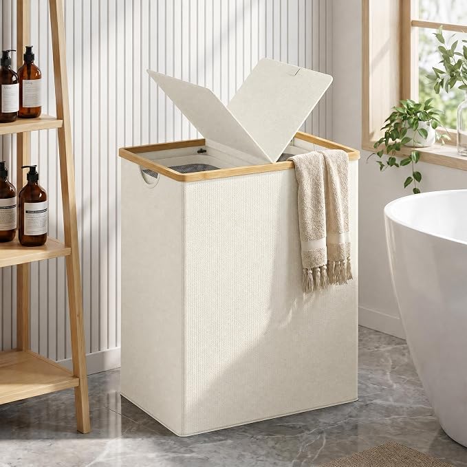 efluky Laundry Hamper with Lid, Double Laundry Basket with 2 Removable Bags, 2 Section Laundry Bin with Bamboo Handles for Bathroom, Bedroom & Laundry Room, 170L (44.9 Gallon) Beige