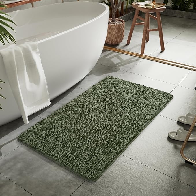 LOCHAS Luxury Bathroom Rug Shaggy Bath Mat 24 x 44 Inch, Olive Green | Washable Non Slip Bath Rugs for Bathroom Shower, Soft Plush Chenille Absorbent Carpets