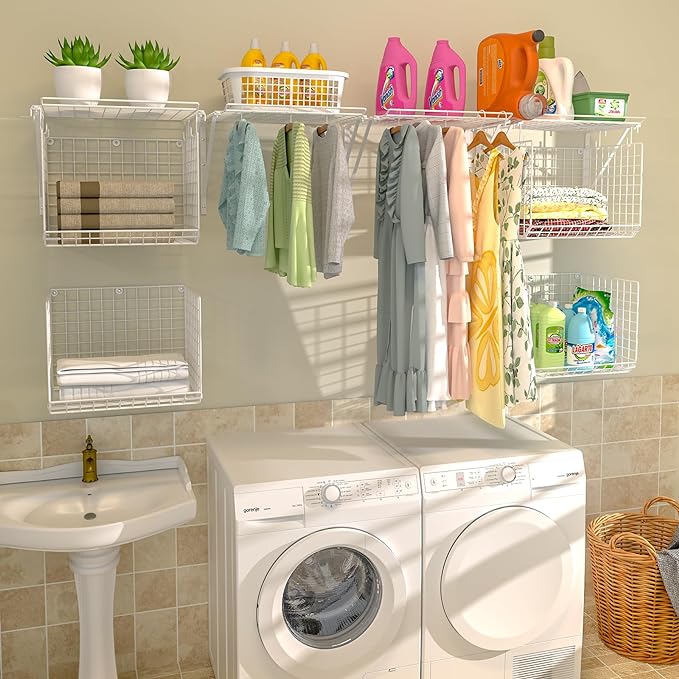 2 Pack Laundry Room Shelves Wall Mounted with Wire Baskets, Over the Washer and Dryer Shelf with Clothes Drying Rack, 8 Hooks，Wire Shelves Baskets for Laundry Closet Organization and Storage, White