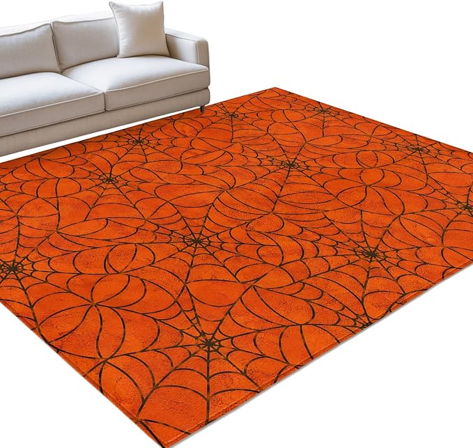 Large Area Rug 5'x7', Orange Halloween Washable Rectangular Area Rugs for Living Room Bedroom Office, Black Spiders Net Classic Gingham Non Slip Kitchen Rug Mats Indoor Floor Accent Throw Carpet