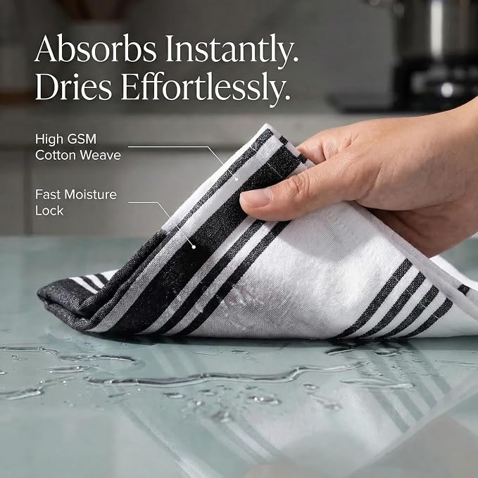 Urban Villa Kitchen Towels 100% Cotton Dish Towels for Kitchen (Set of 6)20”x30” Dish Cloths Highly Absorbent Kitchen Linen Set with Hanging Loop Perfect for Drying Dishes Cleaning Towels-Black White