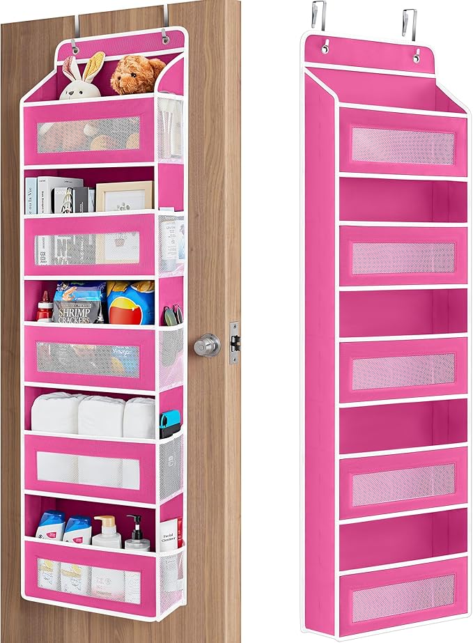JARLINK Over the Door Organizer for Bedroom, Bathroom, 5 Shelf Rose Pink | Anti-Tilt Design, 44 lb Load Capacity, Hanging Door Organizer with 5 Large Capacity Pockets, Behind Door Storage for Nursery