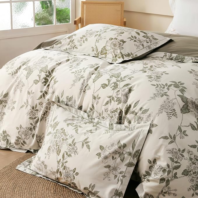 OAITE Duvet Cover Set King Size Floral Pattern 600 Thread Count Ultra Soft 100% Long Staple Cotton Duvet Cover Sets 3-PC, Breathable Duvet Cover with Zipper Closure & Corner Ties