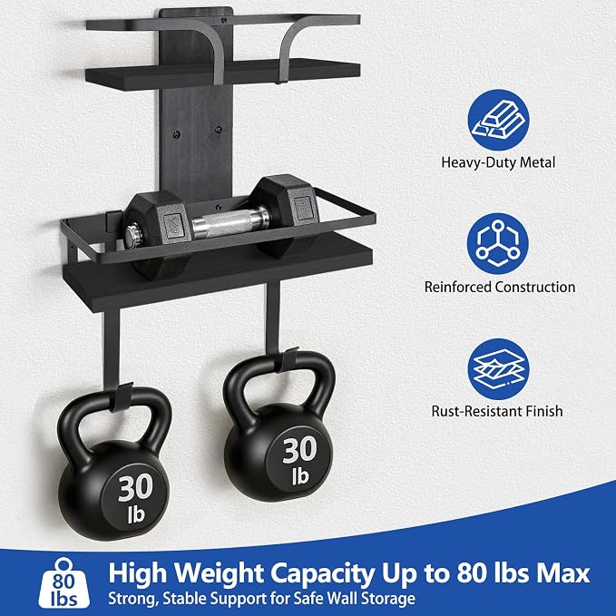 VINAEMO Ironing Board Hanger Wall Mount, 2-Layer Iron and Ironing Board Holder, Laundry Room Shelves Solid Wood with Removable Hooks Home Organization and Storage