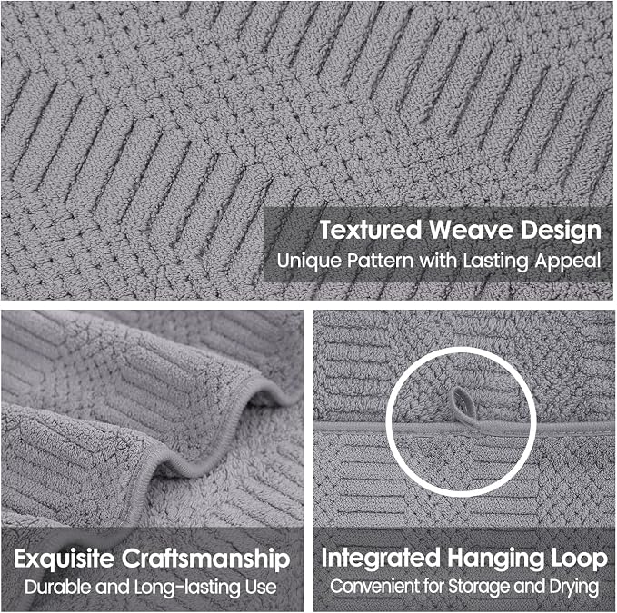 JML Bath Towels, 30" x 60", Gray, Set of 2 | Hanging Hook, Lint Free, Oversized, Soft, Super Absorbent, Fast Drying, Use for Sport, Fitness, Yoga, Diamond Cross Grid