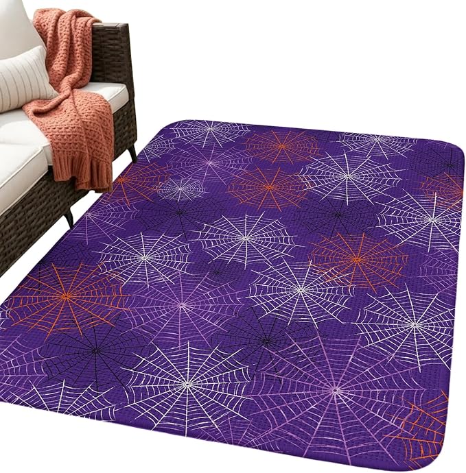 Purple Halloween Washable Area Rugs for Living Room Bedroom, Large Non Slip Indoor Floor Carpet Absorbent Low Pile Red Black White Net Halloween Door Mat Rugs for Bathroom Entryway 63"x90.6"