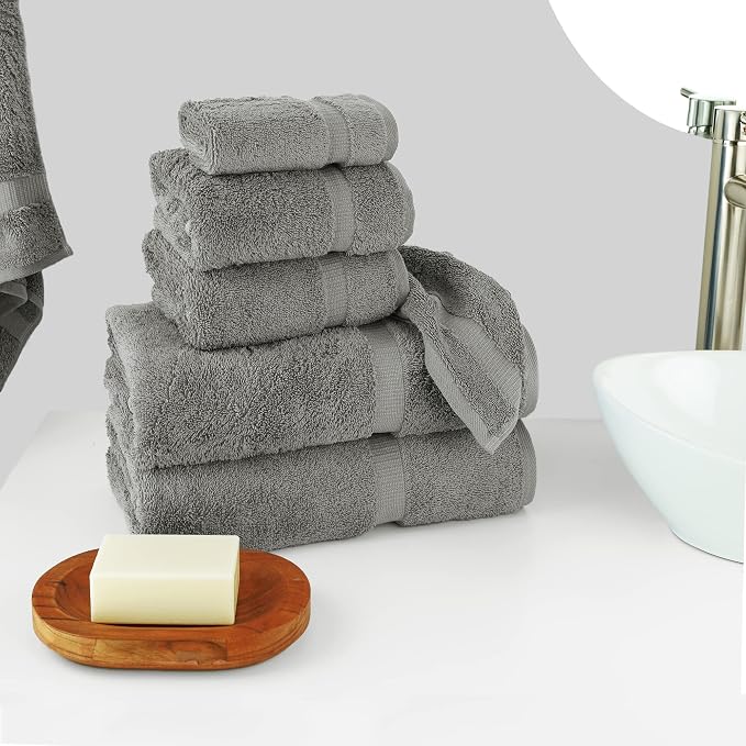 Chakir Turkish Linens 6 Piece Towels Set, 100% Cotton Luxury Turkish Towels for Bathroom, Soft Absorbent Bath Towel Set with 2 Bath Towels 2 Hand Towels 2 Washcloths, Gray