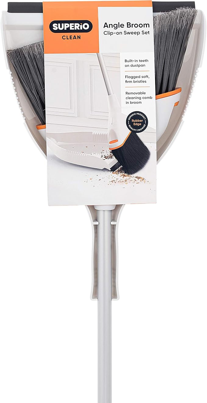 Superio Angle Broom with Clip-On Dustpan Set Angle Shape to Reach Narrow Spaces. (Soft Gray)