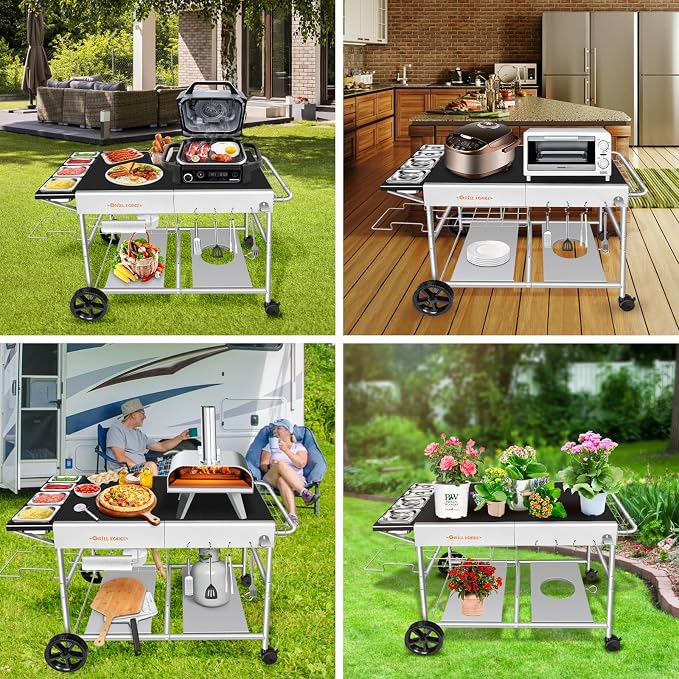 50"x 25" Pizza Oven Table,Outdoor Pizza Cart with Topping Station Grill Table Stand with Wheels for Ninja, Blackstone Griddle, Ooni, Gozney, Cuisinart.